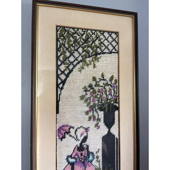Vintage Framed Needlepoint Art of Victorian Lady 9.5" x 20" 1950s - Picture 3 of 10
